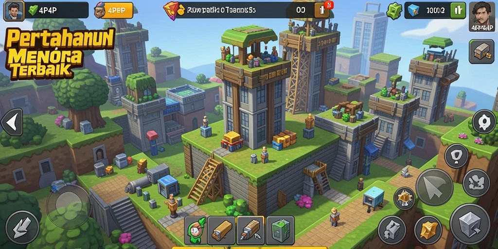 Screenshot gameplay 4P4P menampilkan menara dan musuh yang unik.