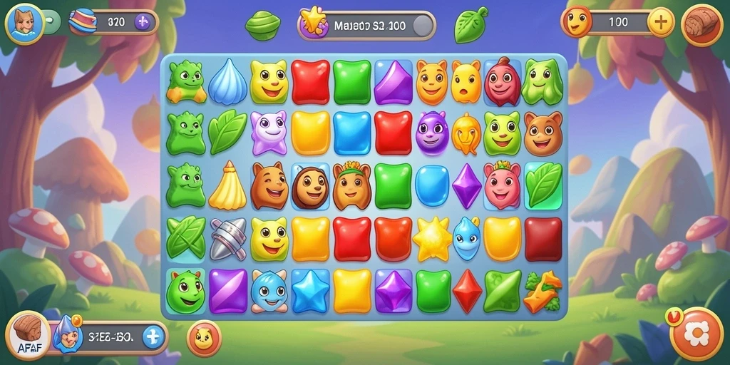 Tampilan gameplay AFAF dengan permata berwarna-warni yang menawan.