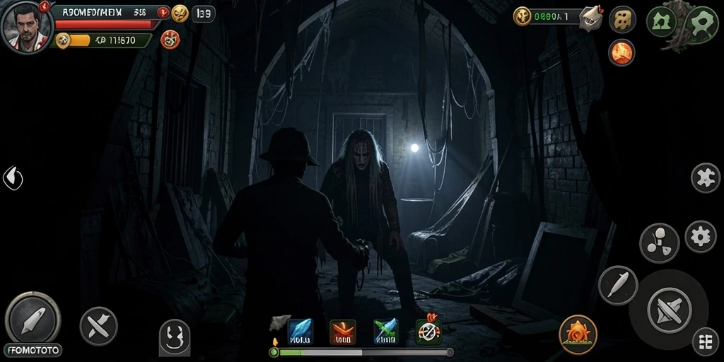 Gameplay menakutkan di dalam FOMOTOTO dengan efek visual yang mendebarkan.