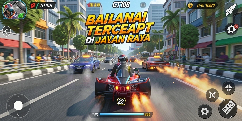 Screenshot GT108 menampilkan aksi balapan seru dan mobil berkecepatan tinggi.